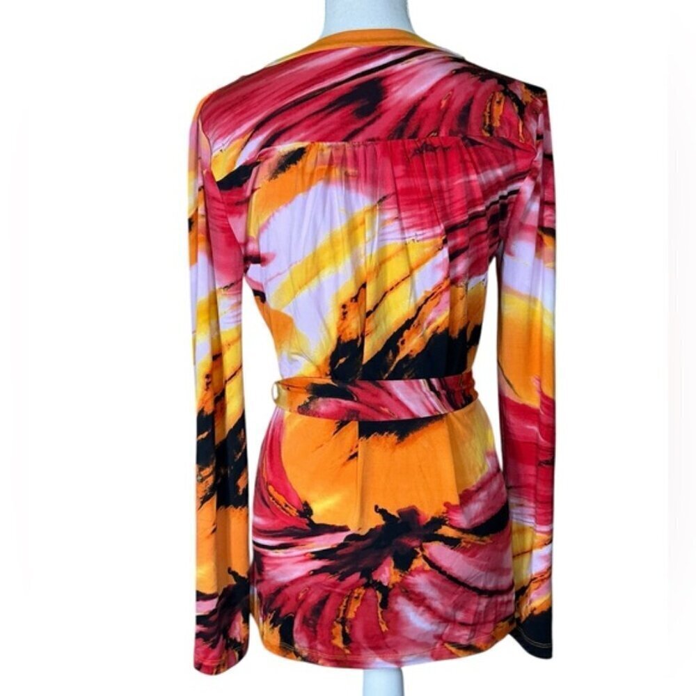 Carmen Marc Valvo Tunic V Neck Chain Long Roll Up Sleeve Tropical Coral Pink SM - Picture 2 of 16